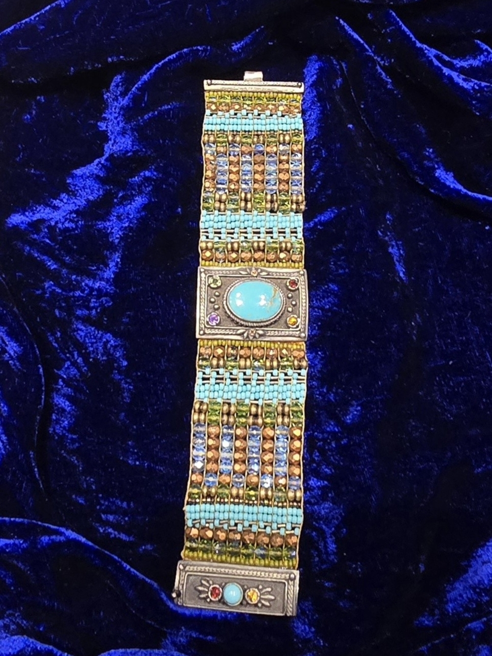 RARE Turquoise, Lavendar, Bronze Multi-Row Beaded Statement Bracelet